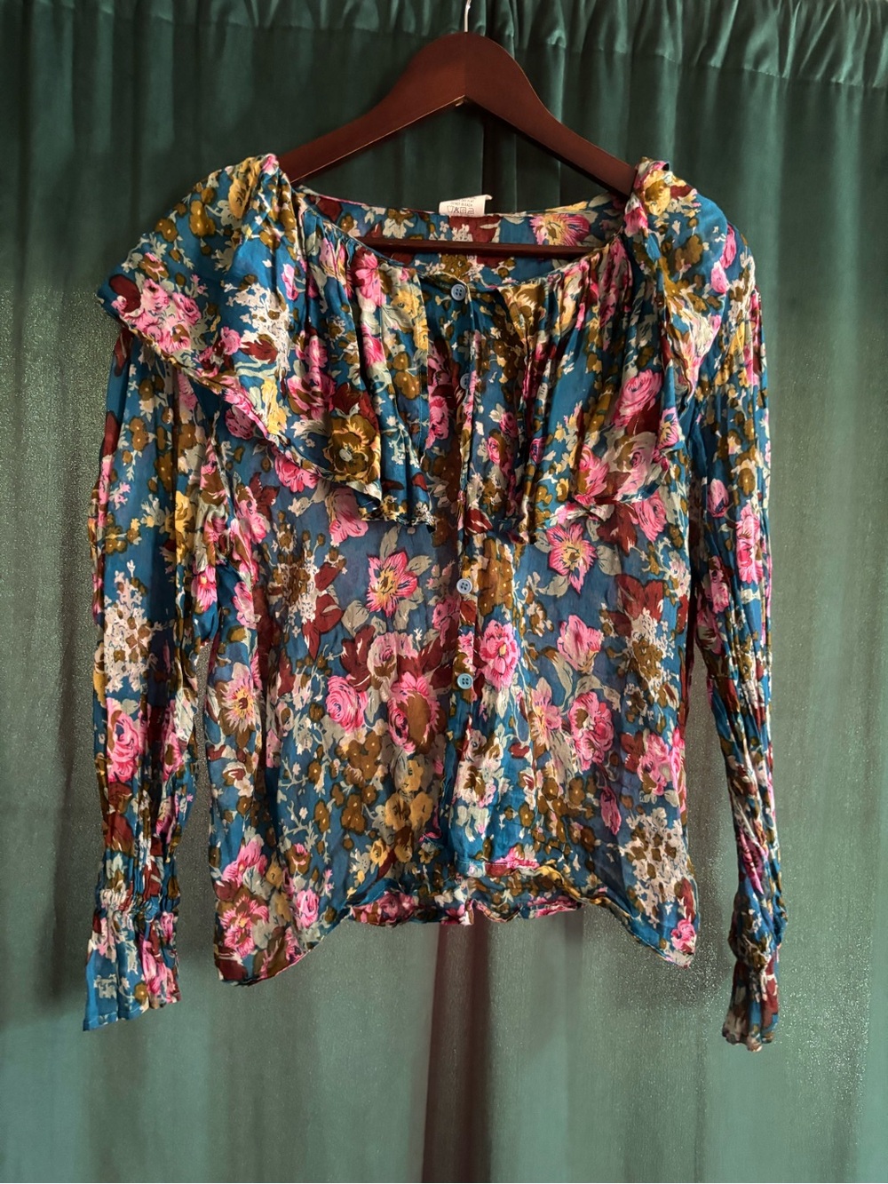 Sheer vintage Floral Ruffle Long-Sleeve Blouse - Teal Pink